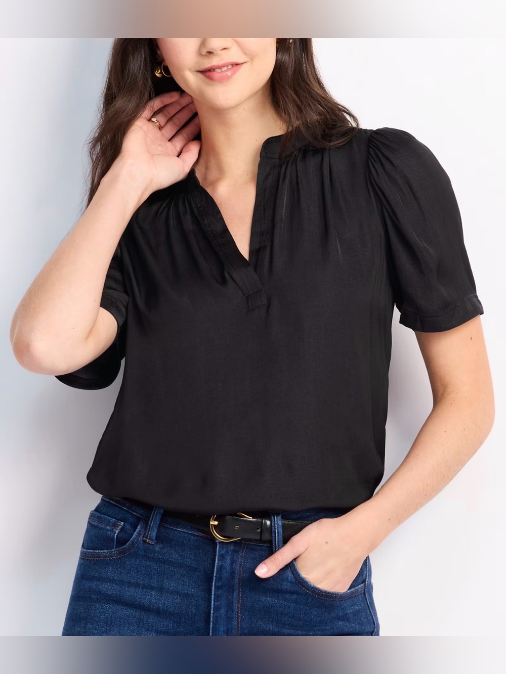 Nine Britton Santiago Satin Split Neck Blouse Black Medium NWT STITCH FIX